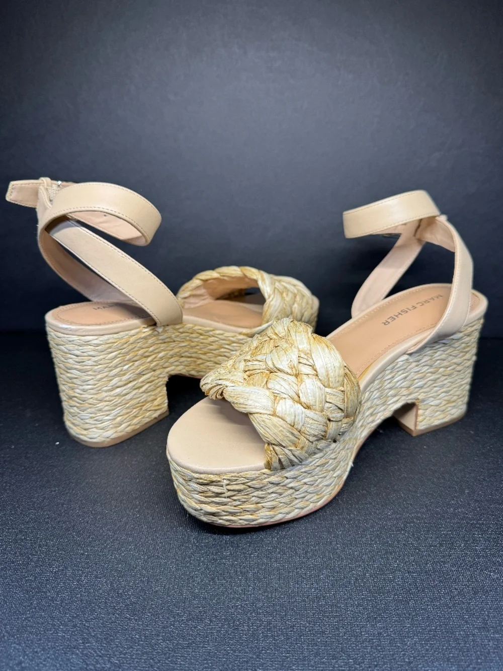 Marc Fisher Mesteel Raffia Platform Block Heel Sandals Beige Natural Size 7.5M